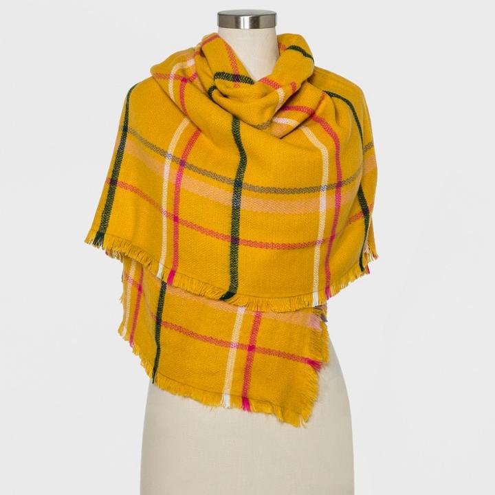 Women's Plaid Blanket Scarf - A New Day Yellow