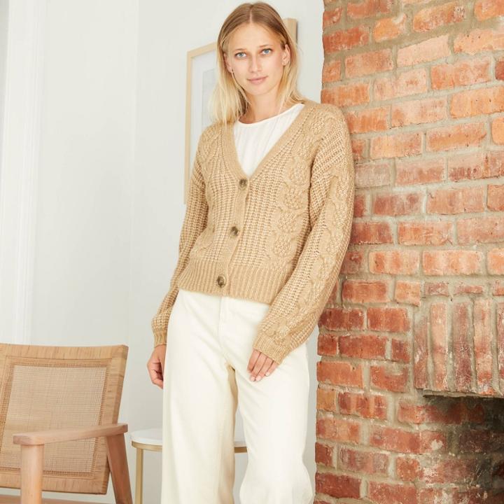 Women's V-neck Cable Knit Button-front Cardigan - A New Day Brown