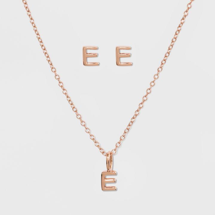 Sterling Silver Initial E Earrings And Necklace Set - A New Day Gold, Girl's, Gold - E
