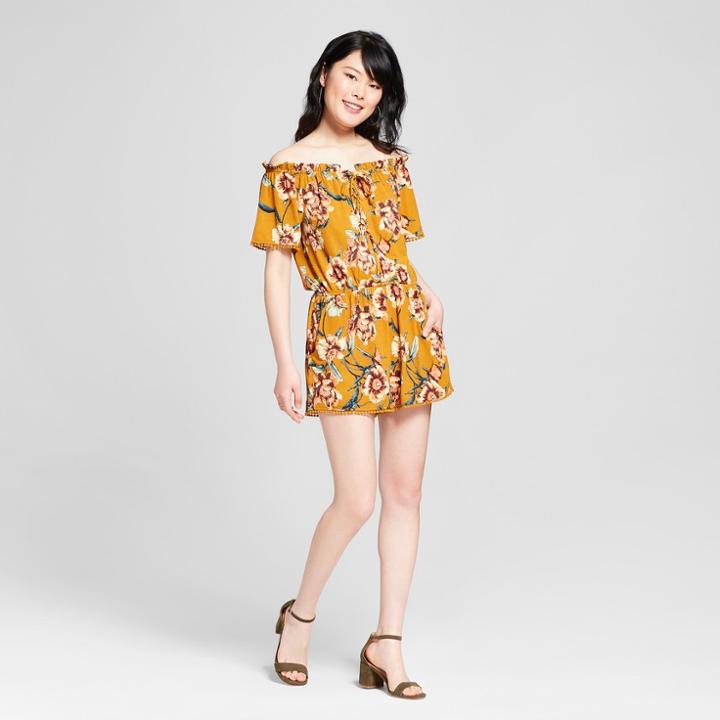 Women's Floral Print Off The Shoulder Lace-up Romper - Xhilaration Mustard