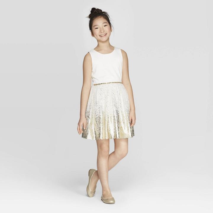 Girls' Gold Foil A Line Dress - Cat & Jack Cream