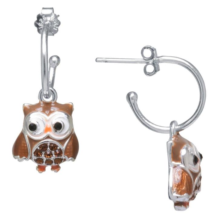 Target Silver Plated Owl Charm Hoop Earrings, Women's, Brown/silver