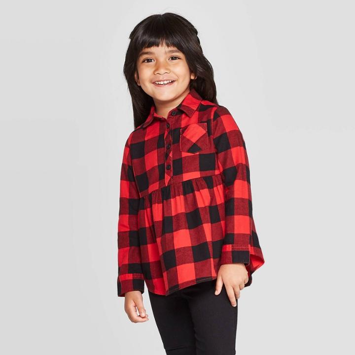 Toddler Girls' Long Sleeve Button-down Shirt - Cat & Jack Red