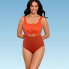 Women's Slimming Control Tie-front Cut Out One Piece Swimsuit - Beach Betty By Miracle Brands Orange