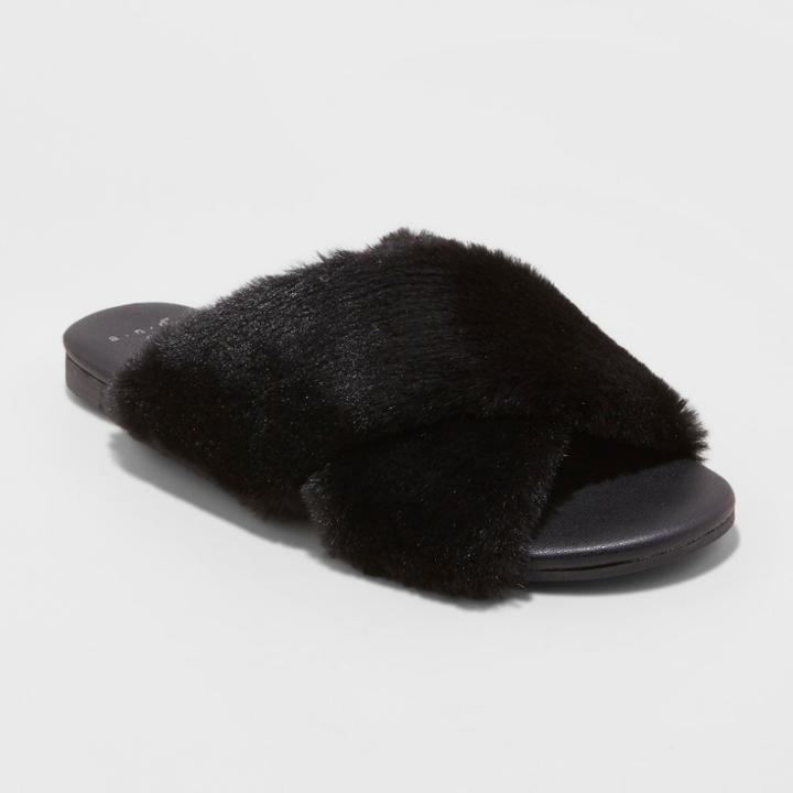 Women's Frannie Crossband Faux Fur Slide Sandals - A New Day Black