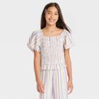 Girls' Flutter Short Sleeve Smocked Peplum Shirt - Art Class Striped Xs, Multicolor
