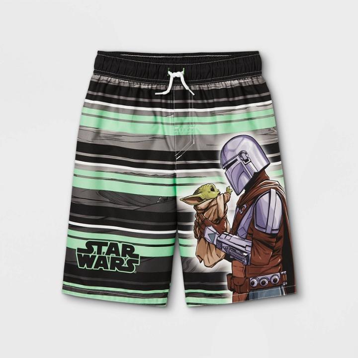 Lucasfilm Boys' Striped Baby Yoda Swim Trunks - Black