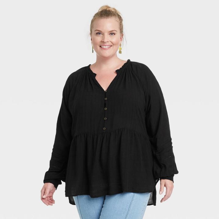 Women's Plus Size Long Sleeve Button-front Blouse - Knox Rose Black