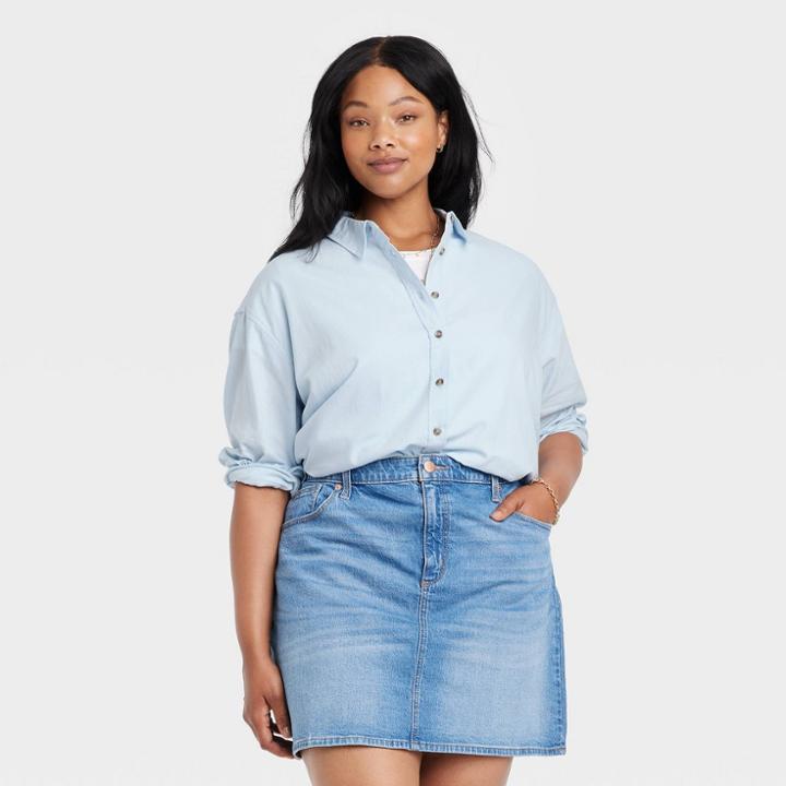 Women's Plus Size Long Sleeve Oversized Button-down Shirt - Universal Thread Blue