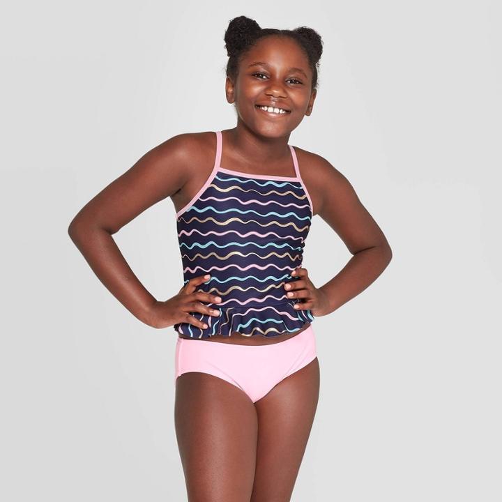 Girls' Wavy Ribbons Tankini Set - Cat & Jack Navy S, Girl's, Size: