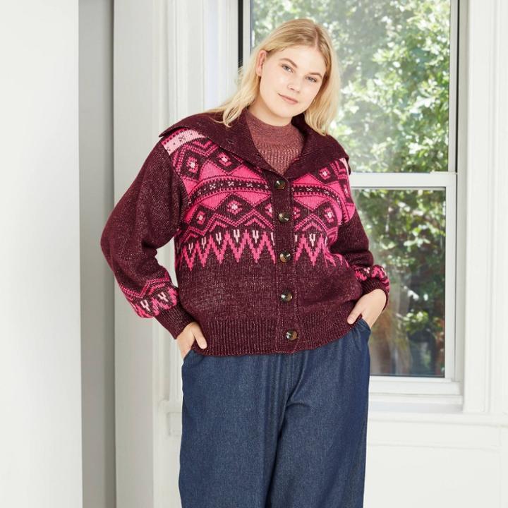 Women's Plus Size Fairies Print Cardigan - Who What Wear Wine