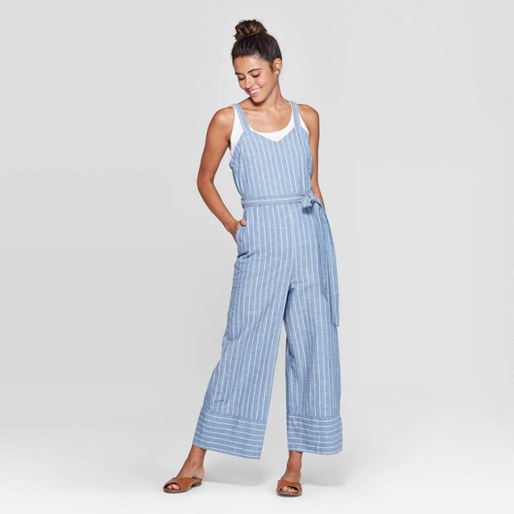Women's Sleeveless V-neck Strapless At Knee Belted Denim Jumpsuit - Universal Thread Blue