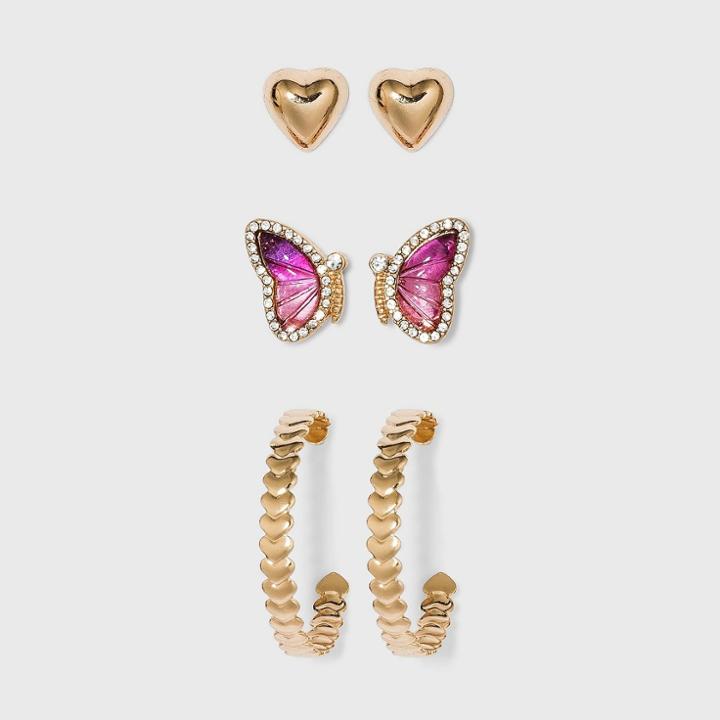 Acrylic Crystal And Ombre Pink Stone Earring Set 3pc - Wild Fable Gold