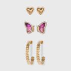 Acrylic Crystal And Ombre Pink Stone Earring Set 3pc - Wild Fable Gold
