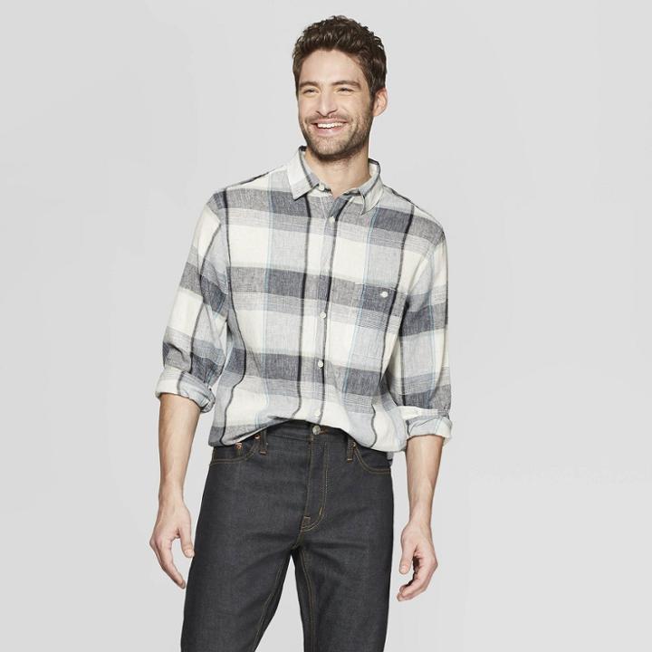 Men's Plaid Long Sleeve Linen Cotton Button-down Shirt - Goodfellow & Co White