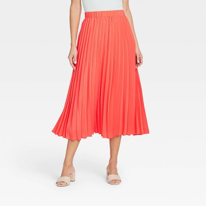 Women's Midi Pleated A-line Skirt - A New Day Coral