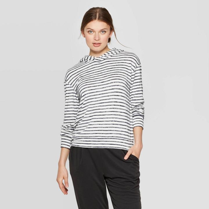 Women's Striped Casual Fit Long Sleeve Hooded T-shirt - A New Day Navy (blue)