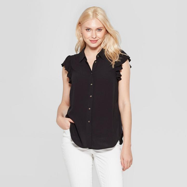 Women's Ruffle Sleeve V-neck Blouse - A New Day Black