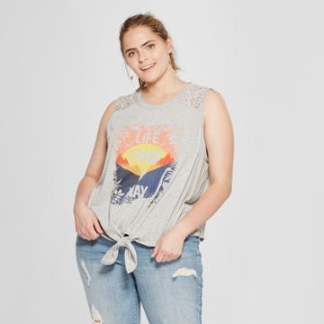 Women's Jurassic Park Plus Size Life Finds A Way Tie Front Lace Graphic Tank Top (juniors') Heather Gray