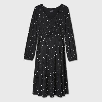Isabel Maternity By Ingrid & Isabel Polka Dot Long Sleeve Smock Waist Tiered Knit Maternity Dress - Isabel By Ingrid & Isabel Black