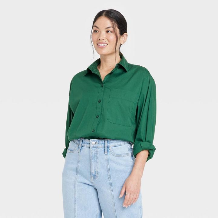 Women's Long Sleeve Button-down Shirt - A New Day Dark Green