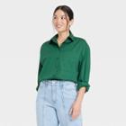 Women's Long Sleeve Button-down Shirt - A New Day Dark Green