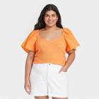 Women's Plus Size Flutter Short Sleeve Ribbed Blouse - Ava & Viv Orange X