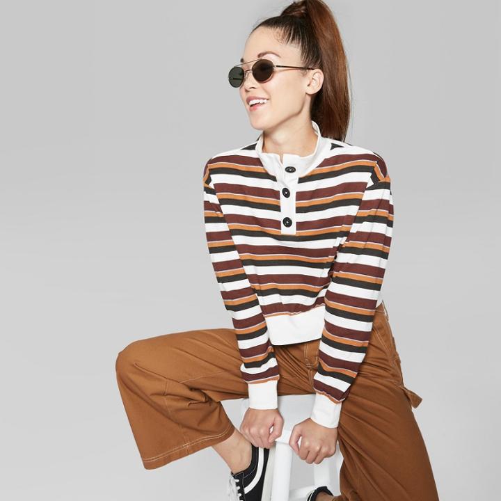 Women's Striped Long Sleeve Button Mockneck Sweatshirt - Wild Fable Orange Penny