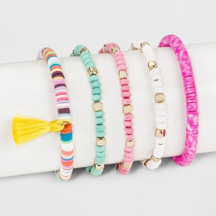 Mixed Beaded With Block Beads With Tassel Bracelet Set 5ct - Wild Fable, Women's,