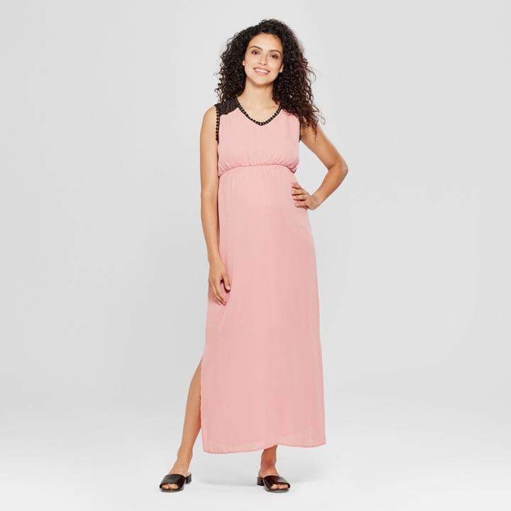 Macherie Maternity Crochet Shoulder Side Slit Maxi Dress - Ma Cherie Rose (pink)