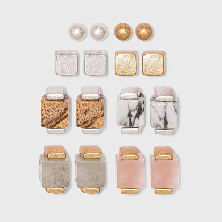 Geometric Mixed Semi-precious Cube Multi Earring Set 8pc - Universal Thread , Gold/grey/nickel
