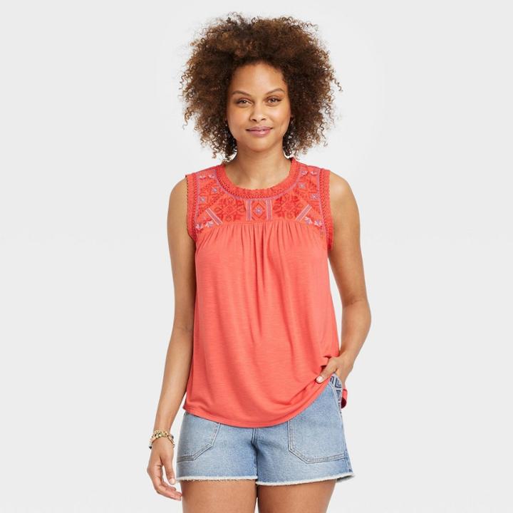 Women's Embroidered Tank Top - Knox Rose Coral
