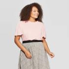 Women's Plus Size Flutter Short Sleeve Crewneck Sandwash T-shirt - A New Day Pink