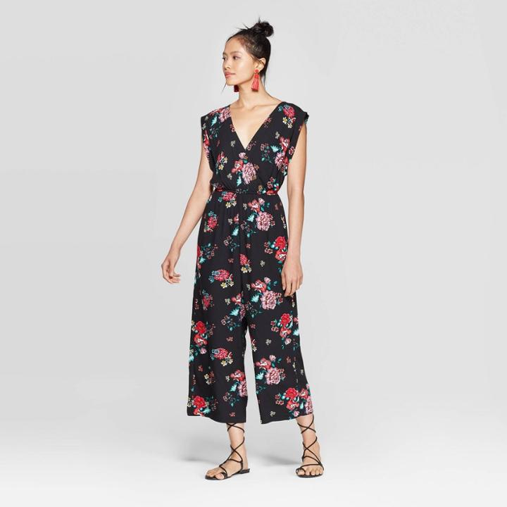 Women's Floral Print Sleeveless V-neck Button Wrap Floral Jumpsuit - Xhilaration Black