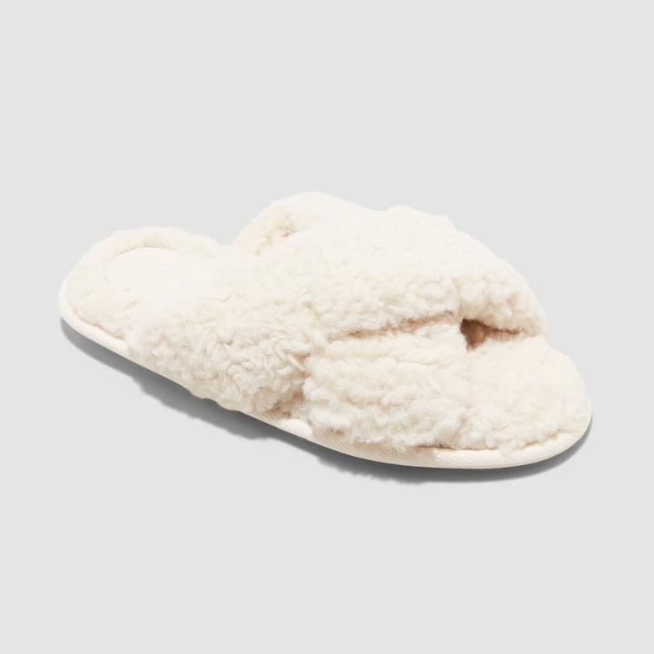 Girls' Brooklyn Crossband Faux Shearling Slippers - Cat & Jack Cream