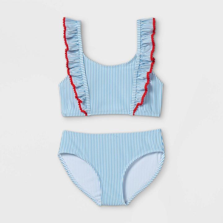 Girls' Seersucker Ruffle 2pc Bikini Set - Cat & Jack Blue