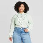 Women's Plus Size Floral Print Long Sleeve Mock Turtleneck Ruffle Button-down Top - Universal Thread Green 1x, Women's,