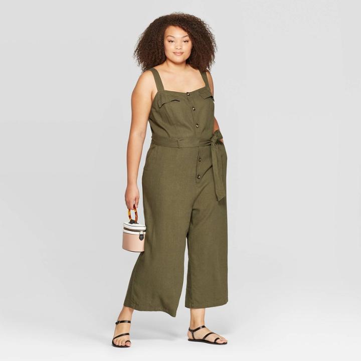 Women's Plus Size Sleeveless Square Neck Wide Leg Utility Jumpsuit - Ava & Viv Olive (green) X