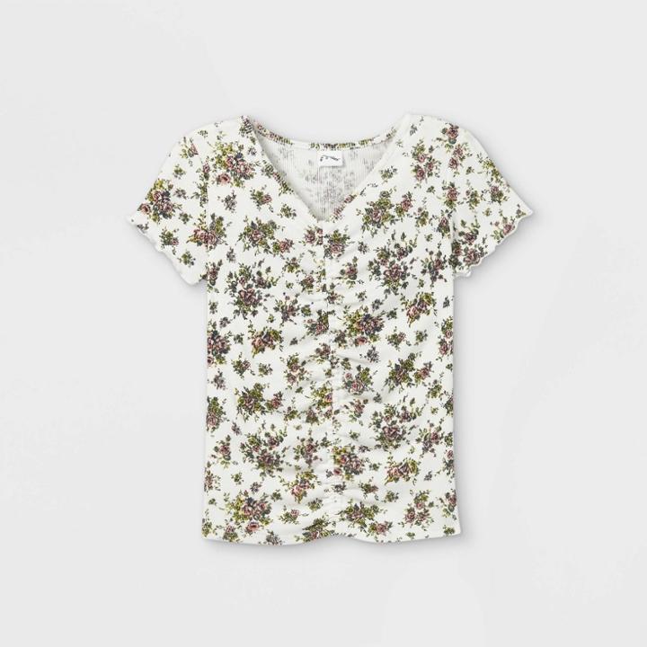 Girls' Floral Cinch Front Short Sleeve T-shirt - Art Class White