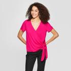 Women's Short Sleeve V-neck Knit Wrap Top - A New Day Pink