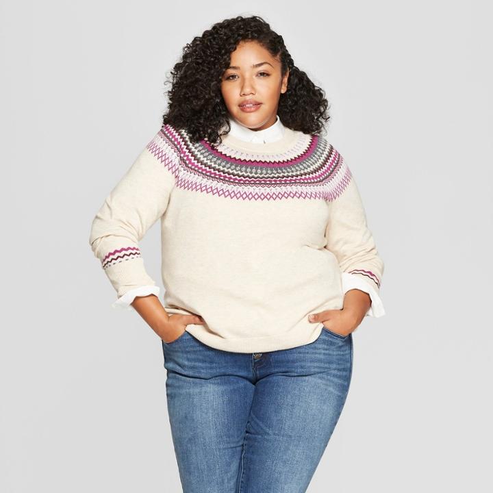 Women's Plus Size Fairisle Pullover Sweater - A New Day Oatmeal