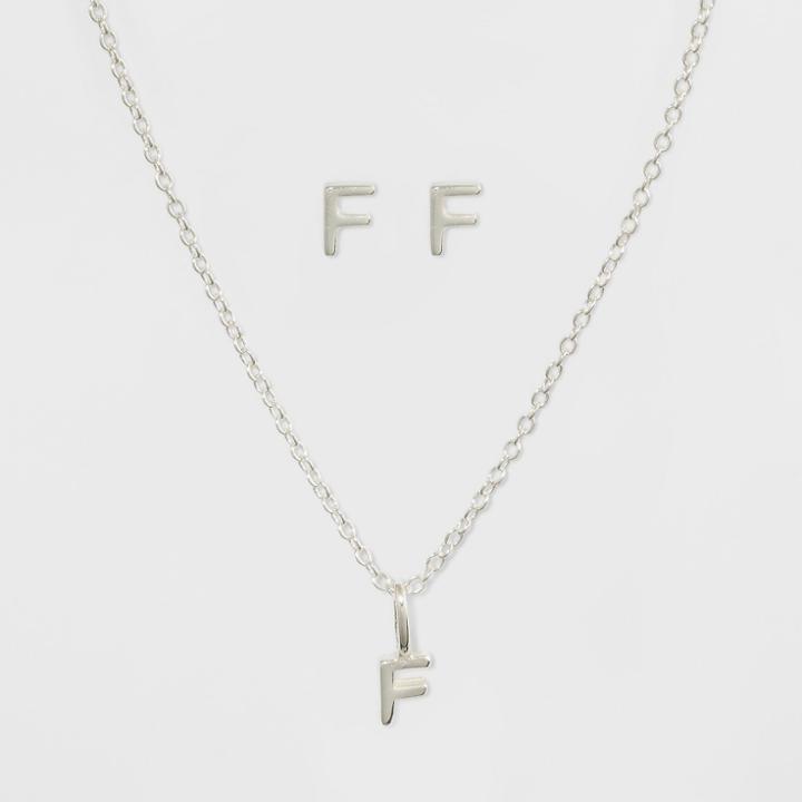 Sterling Silver Initial F Earrings And Necklace Set - A New Day Silver, Girl's,