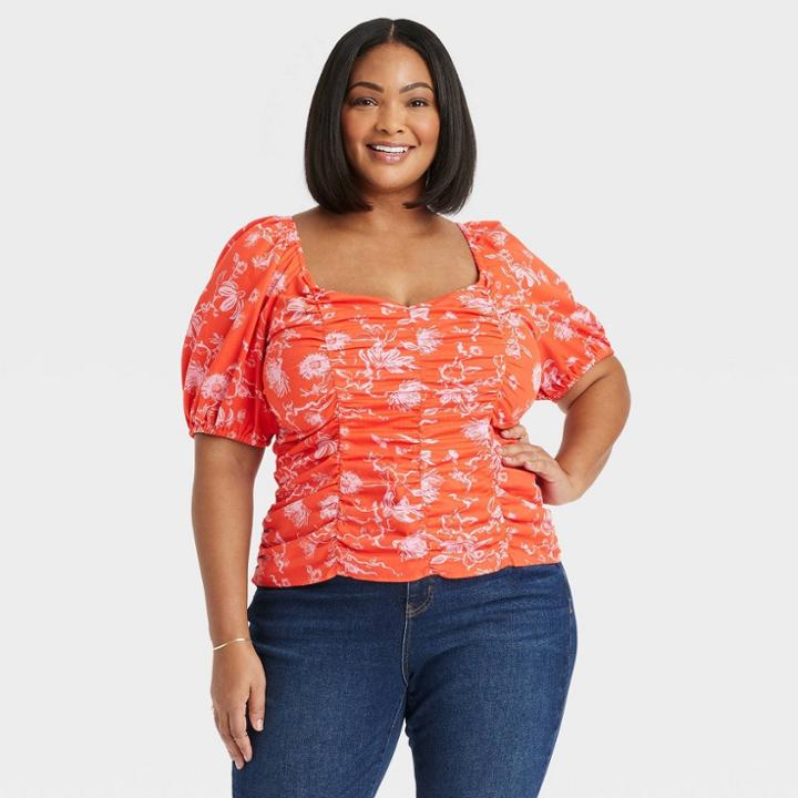 Women's Puff Short Sleeve Blouse - Ava & Viv Orange Floral