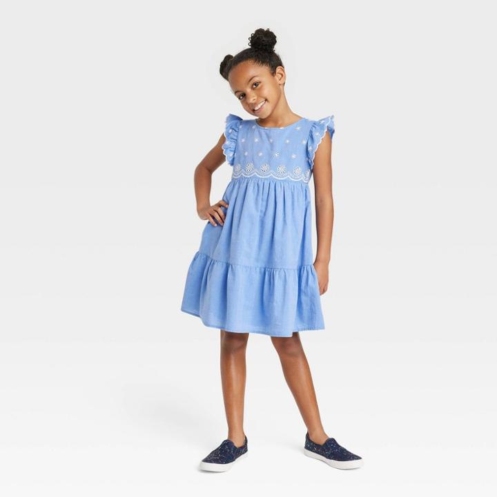 Girls' Embroidered Flutter Sleeve Dress - Cat & Jack Blue