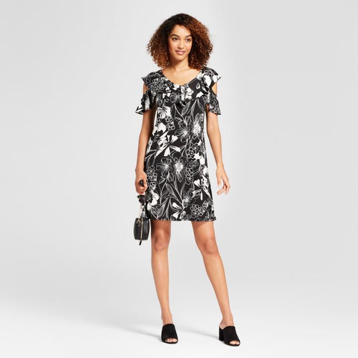 Women's Floral Print Ruffle Cold Shoulder Dress - Chiasso Black/white