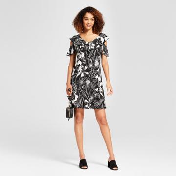 Women's Floral Print Ruffle Cold Shoulder Dress - Chiasso Black/white