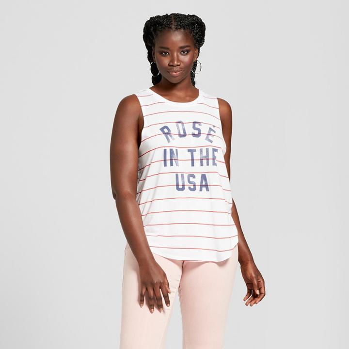 Women's Plus Size Rose In The Usa Striped Graphic Tank Top - Grayson Threads White/red