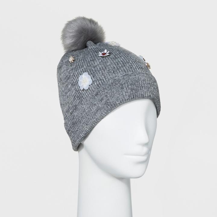 Women's Embellished Pom Beanie - A New Day Gray