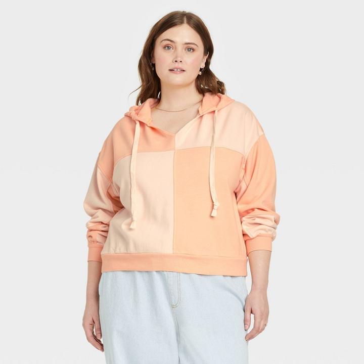 Women's Plus Size Patchwork Hooded Sweatshirt - Universal Thread Orange