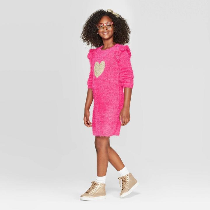 Girls' Fuzzy Heart Dress - Cat & Jack Pink L, Girl's,